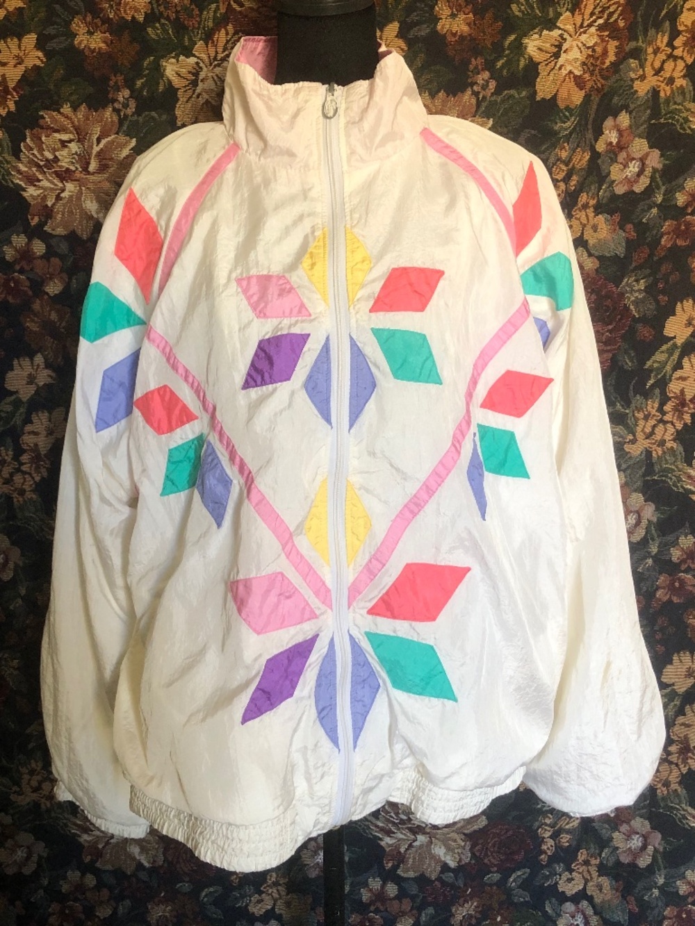 Vtg 90s Lavon Geometric Pastel Colorblock Windbreaker Jacket - XL